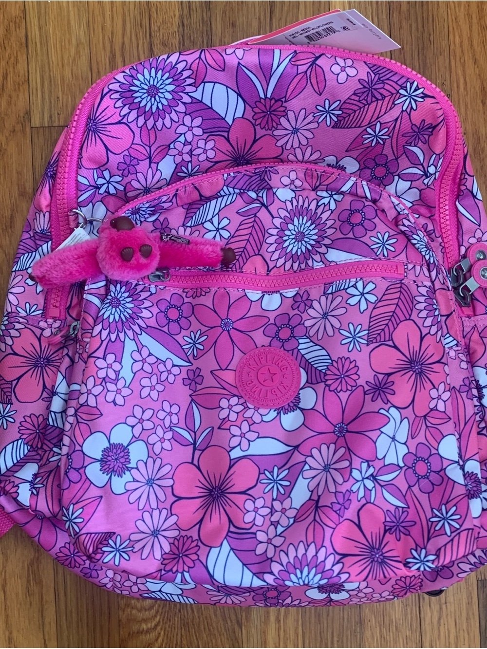 Kipling Seoul whimsy wildflowers Pink Backpack school with Plush Monkey Charm
